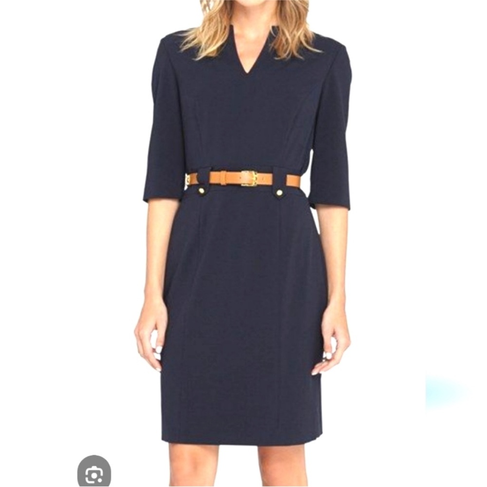 Tahari Navy Blue Sheath Dress with Tan Belt
